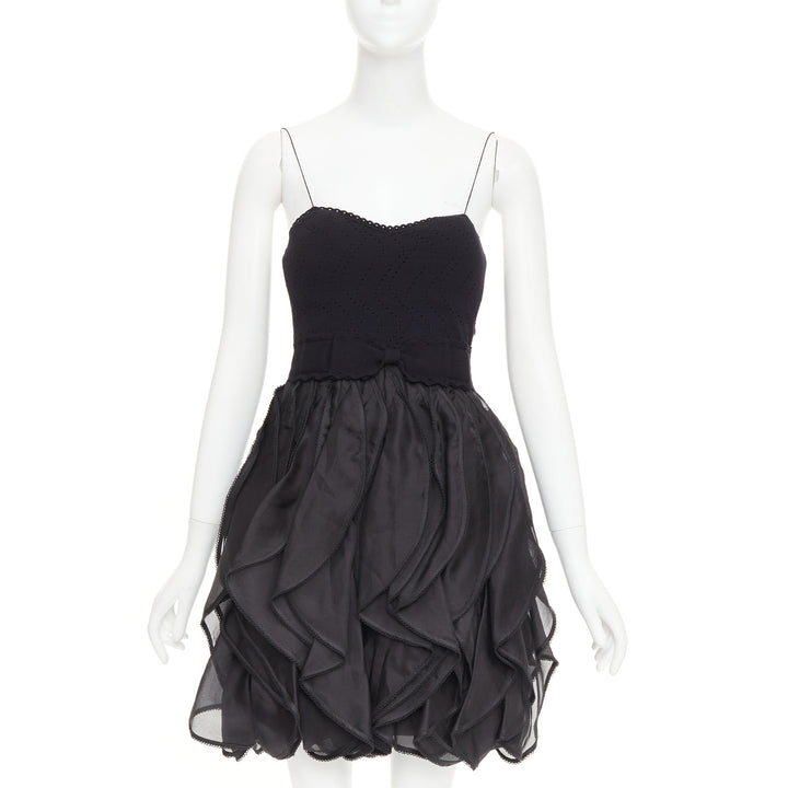ADAM JONES Vintage black pointelle knit bow cascade ruffle babydoll dress IT38