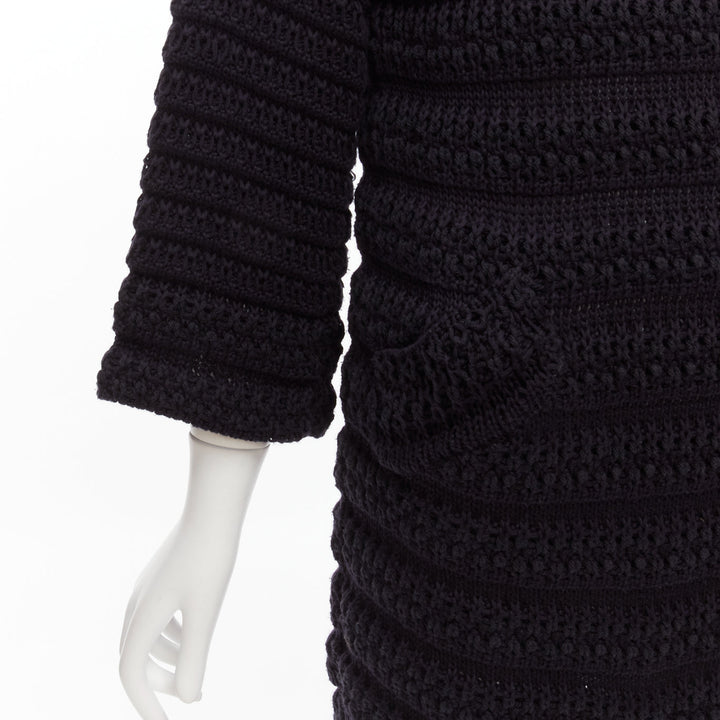 CHANEL black 100% cotton chunky knit asymmetric tulip hem sweater dress FR36 S