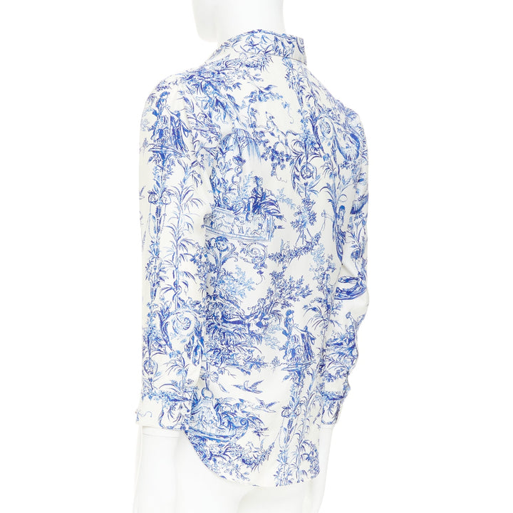 DIOR HOMME 2020 Toile De Jouy 100% silk white blue long sleeve shirt EU38 S