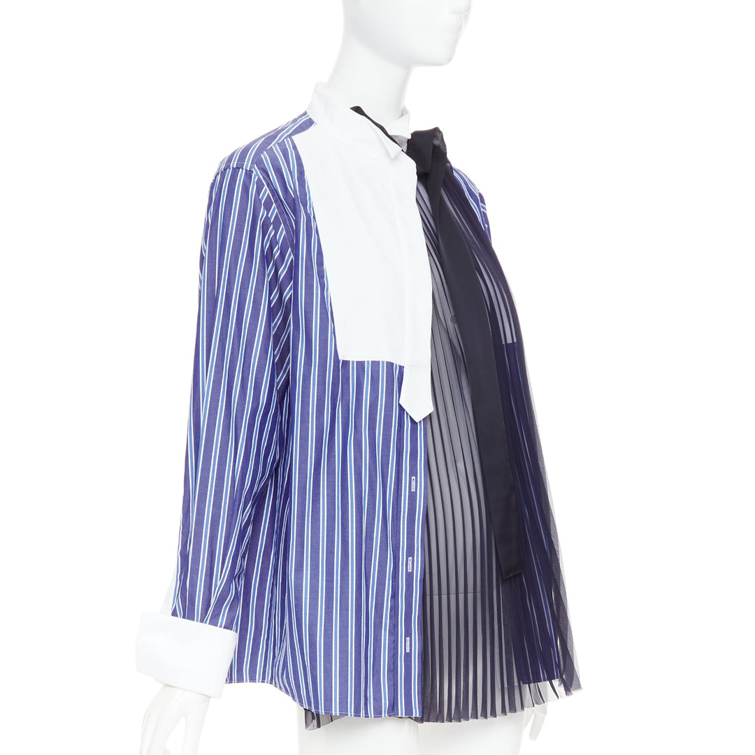 SACAI 2021 blue striped cotton bib collar sheer panel deconstructed shirt JP1 S