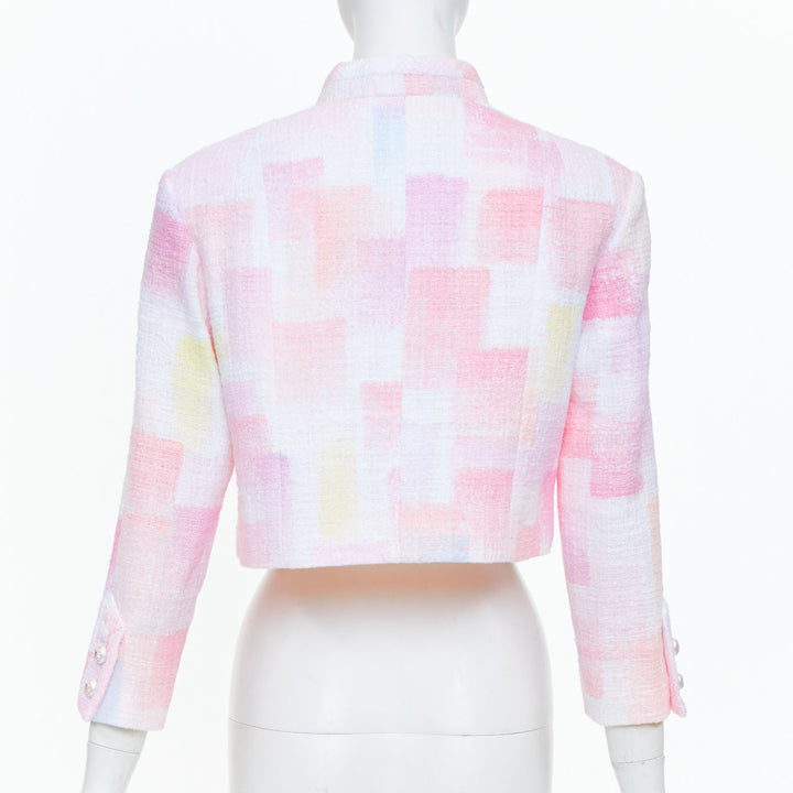 CHANEL 2023 Runway pastel pink painted check pearl button crop tweed jacket FR36