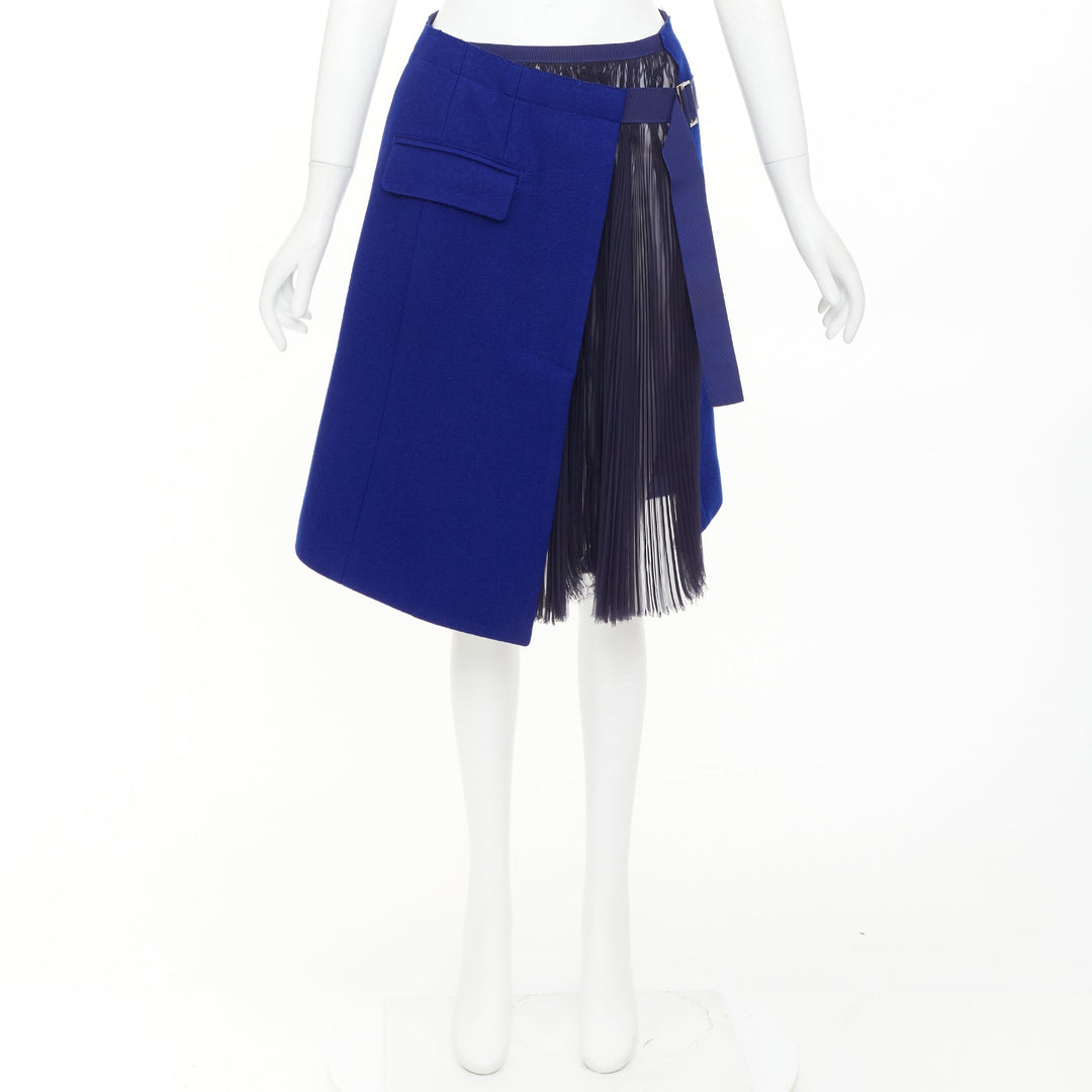 SACAI 2014 Double Skirt Hybrid cobalt wool navy pleated sheer wrap skirt JP1 S