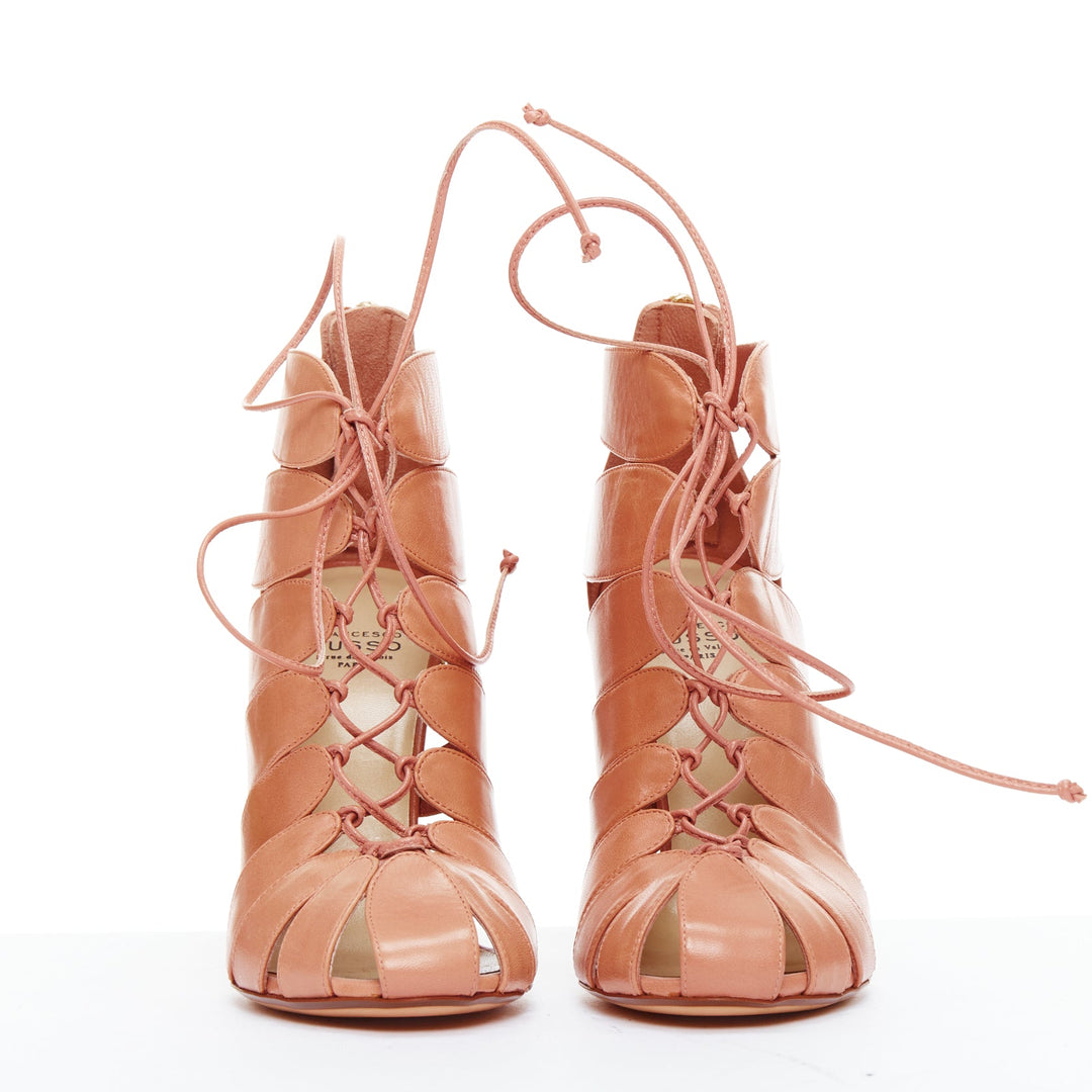 FRANCESCO RUSSO nude leather lace up cut out cage sandals EU36