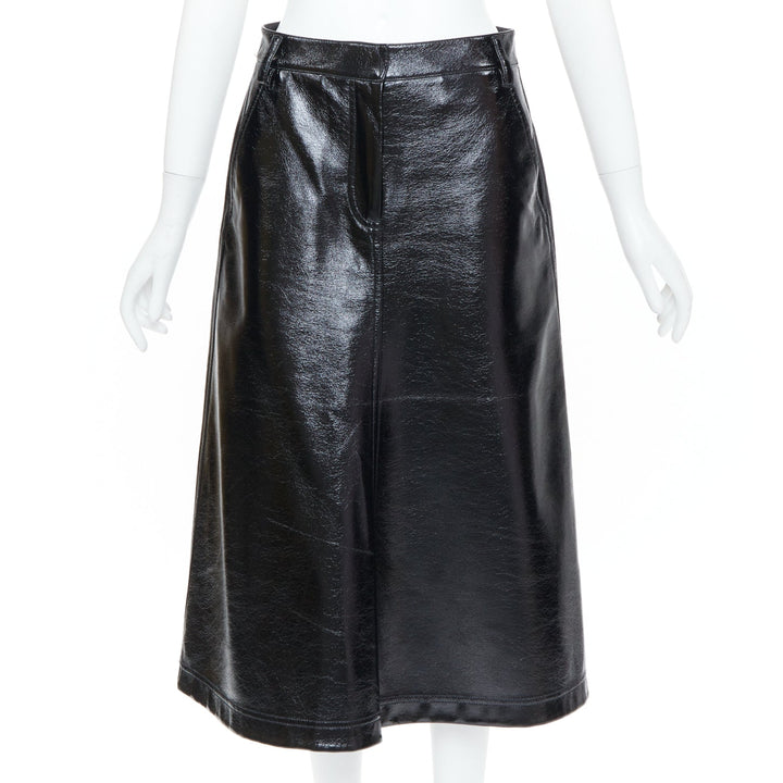 TIBI 2019 glossy black crinkled patent faux leather A-line midi skirt US0 XS
