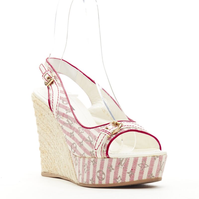 LOUIS VUITTON pink beige striped monogram jute espadrille wedge platform EU36.5