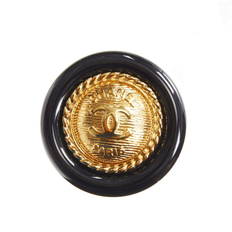 CHANEL gold tone CC medallion coin black acrylic pin brooch
