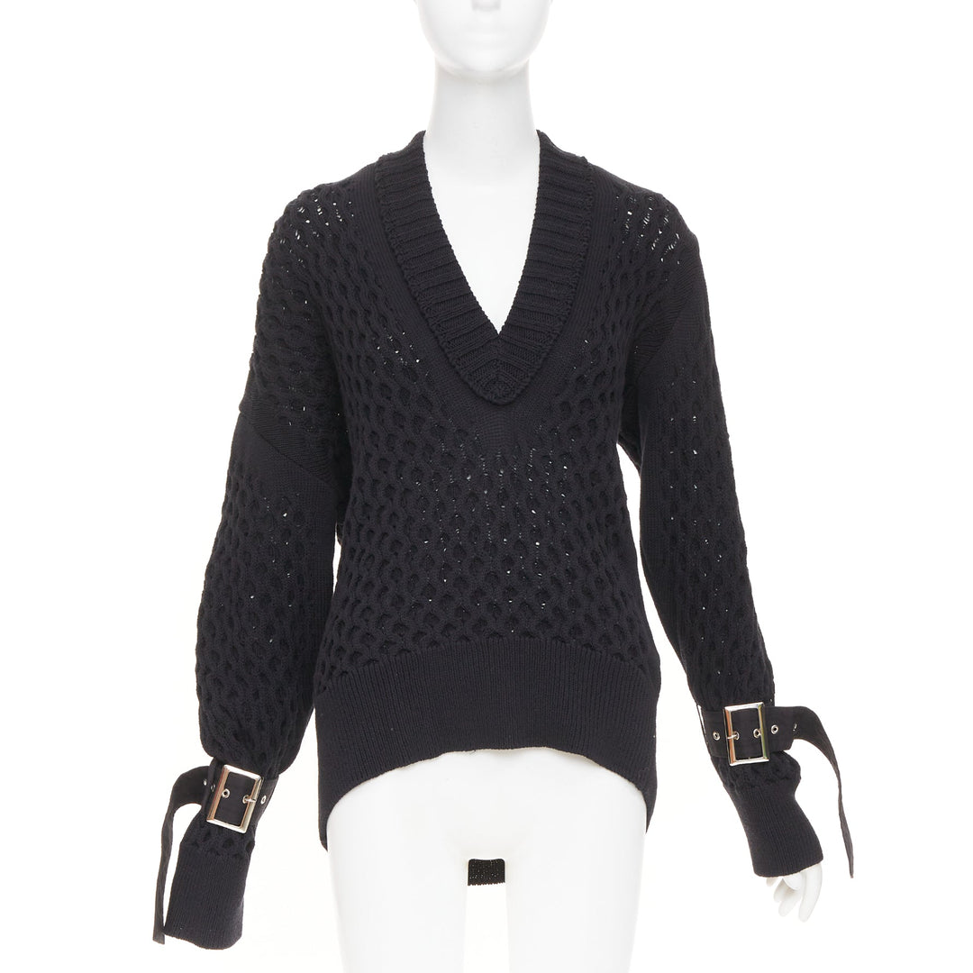SACAI 2018 black open waffle knit buckle sleeve cotton blend sweater JP1 S