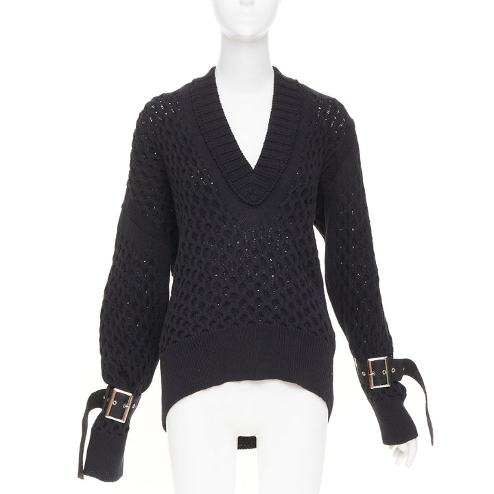 SACAI 2018 black open waffle knit buckle sleeve cotton blend sweater JP1 S