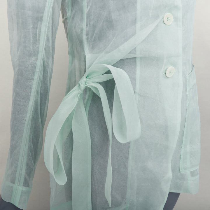 CECILIE BAHNSEN Fisola mint green cotton sheer bow tie waist blazer UK8 S