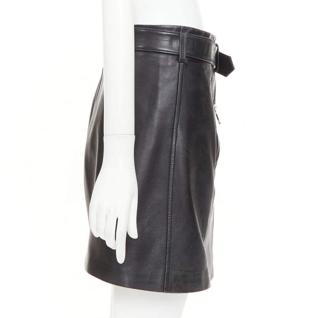 CLAUDIE PIERLOT black soft leather zip belted pocketed biker mini skirt FR36 S