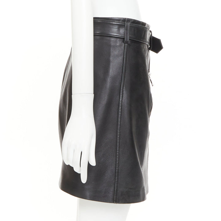 CLAUDIE PIERLOT black soft leather zip belted pocketed biker mini skirt FR36 S