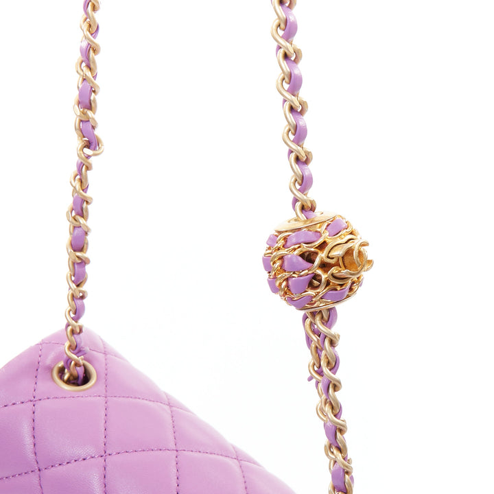 CHANEL Pearl Crush Mini Square Flap purple lambskin age gold globe crossbody bag