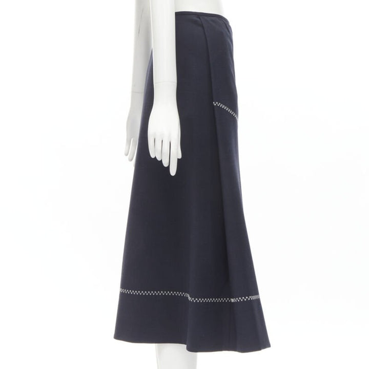 ELLERY navy polyester wool white cross hatch stitching flared skirt US2 XS