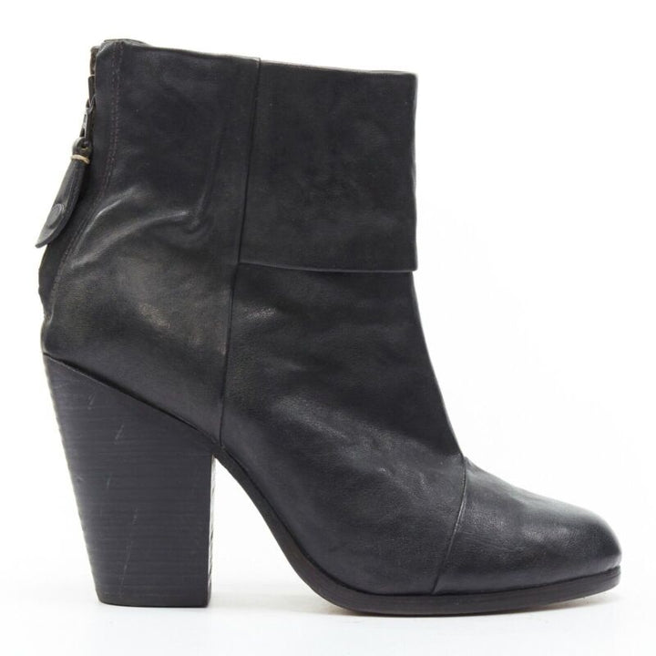 RAG BONE black leather round toe chunky stacked heel western ankle boot EU36