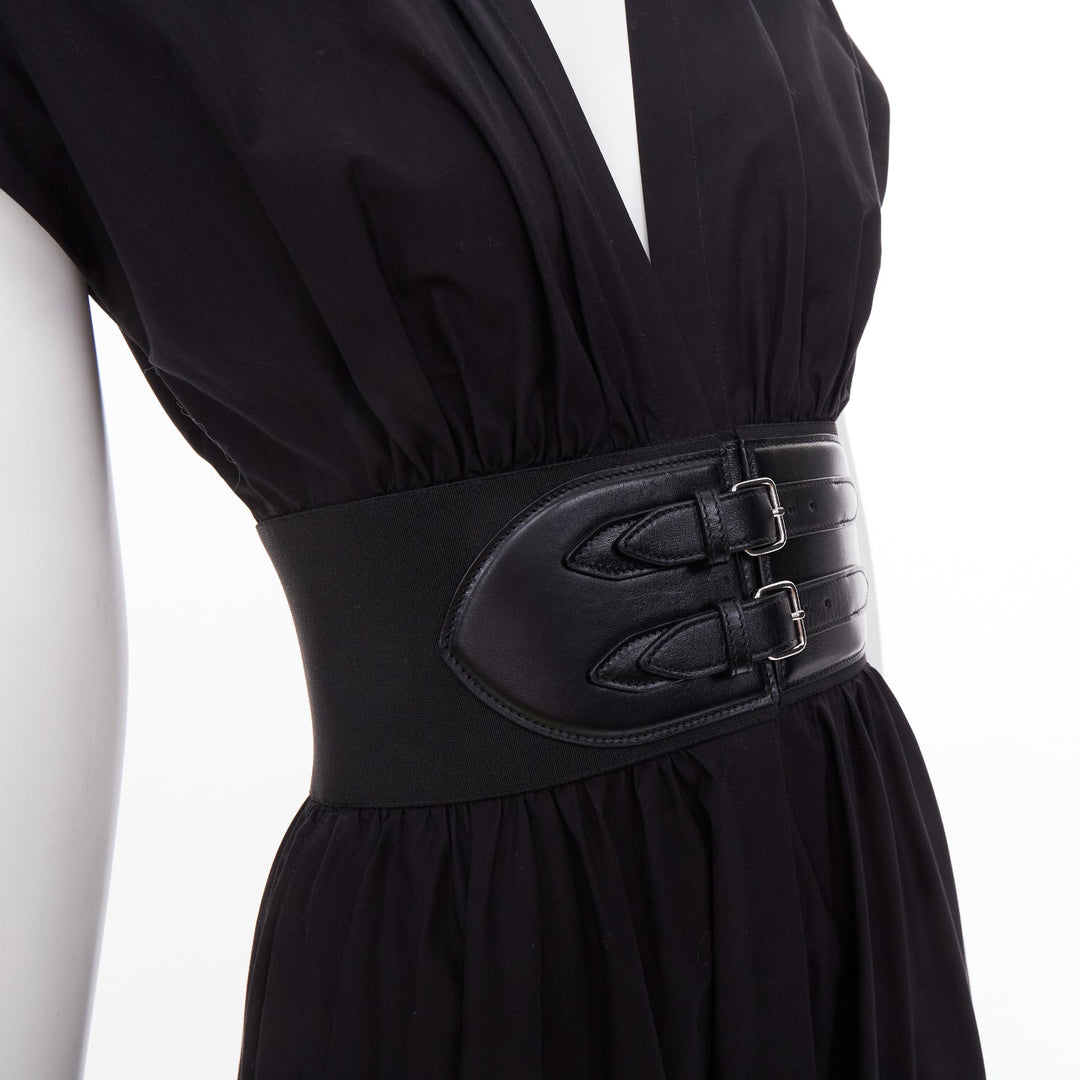 ALAIA 2023 belted leather trimmed black corset poplin casual A-line dress FR36 S