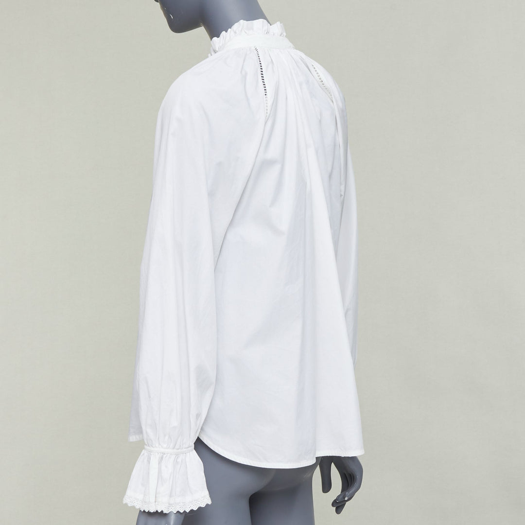 LEE MATHEWS white cotton ruffle lace trim peasant blouse Sz.1 XS