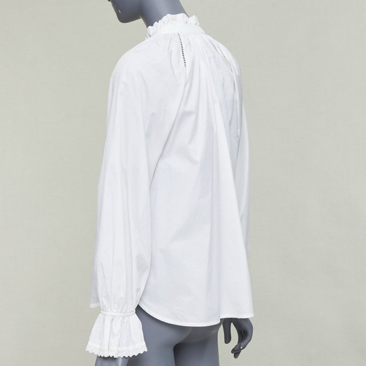 LEE MATHEWS white cotton ruffle lace trim peasant blouse Sz.1 XS