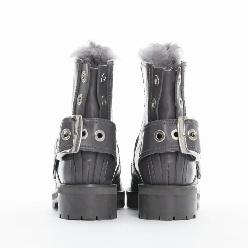 ALEXANDER MCQUEEN grey leather rabbit fur trimmed buckle combat boot EU38.5