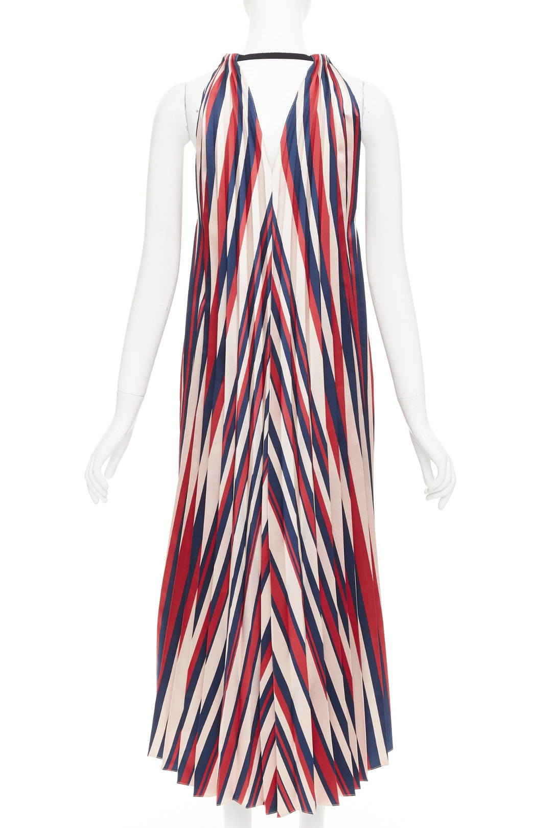 TOME beige red navy chevron print pleated V neck black trim midi dress S