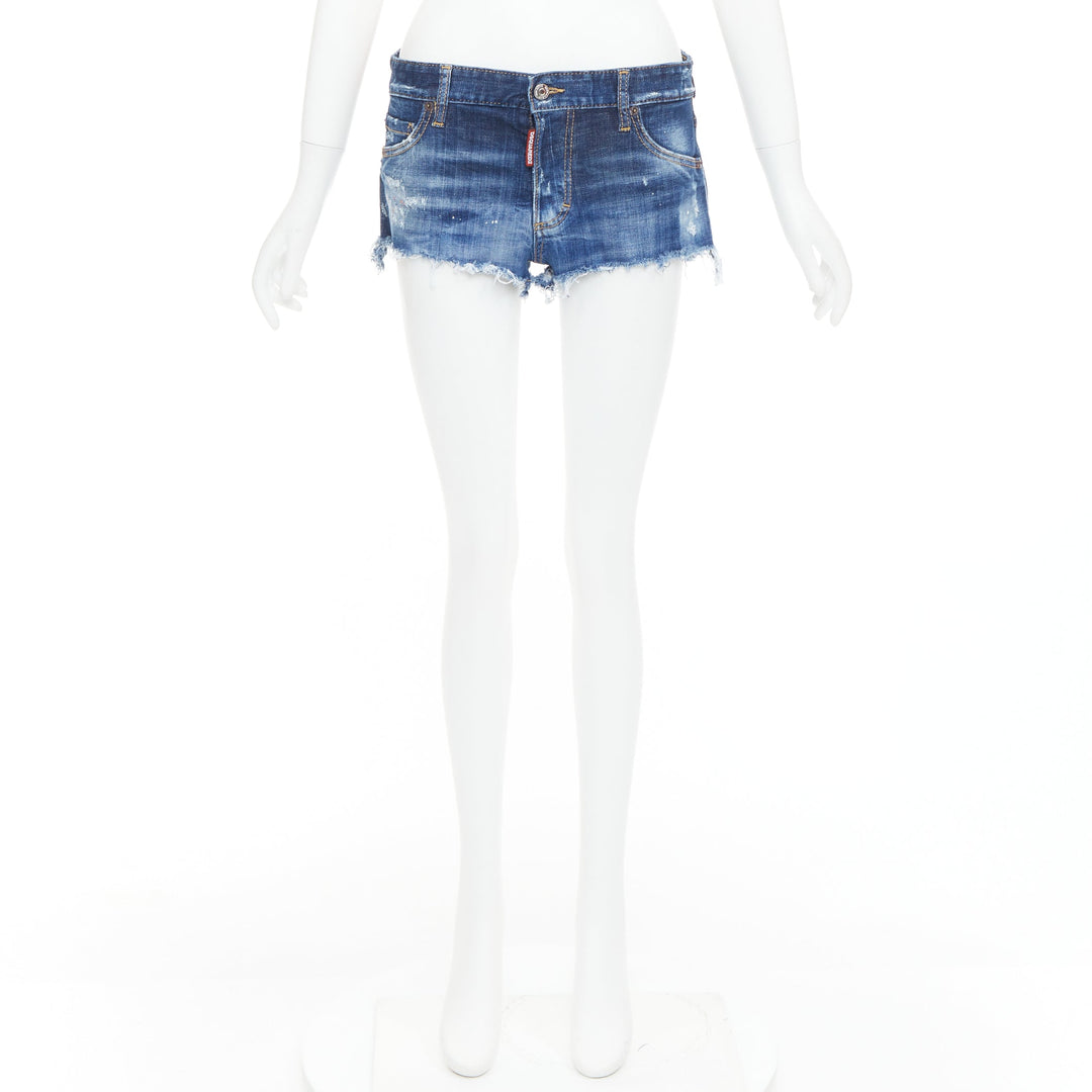 DSQUARED2 dark washed blue distressed painted denim cut off shorts IT38 XS