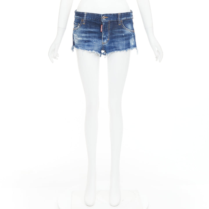 DSQUARED2 dark washed blue distressed painted denim cut off shorts IT38 XS