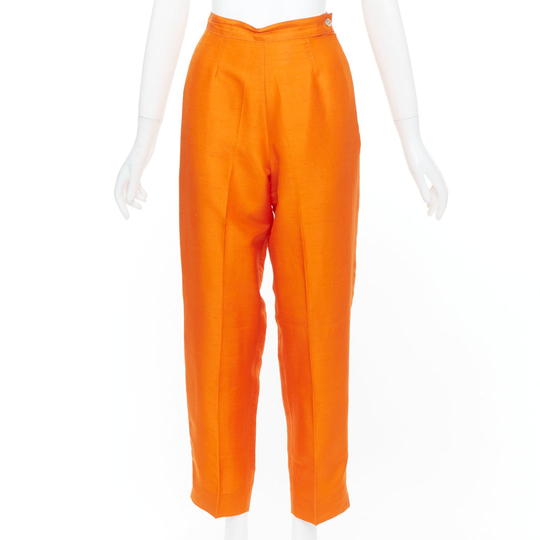 SHANGHAI TANG orange raw silk hidden placket long sleeve shirt trousers set XS