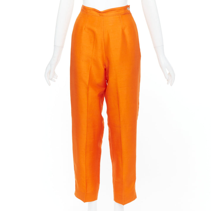 SHANGHAI TANG orange raw silk hidden placket long sleeve shirt trousers set XS