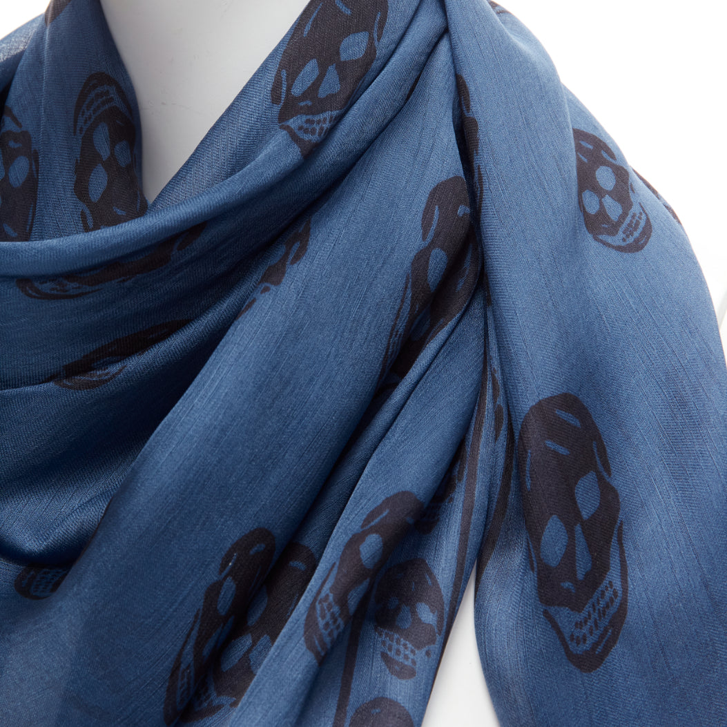 ALEXANDER MCQUEEN blue navy skull logo print 100% silk scarf