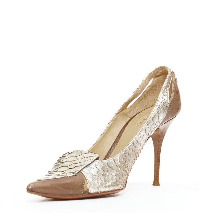 CHLOE Vintage silver metallic scaled leather brown trim pointy pumps EU37.5