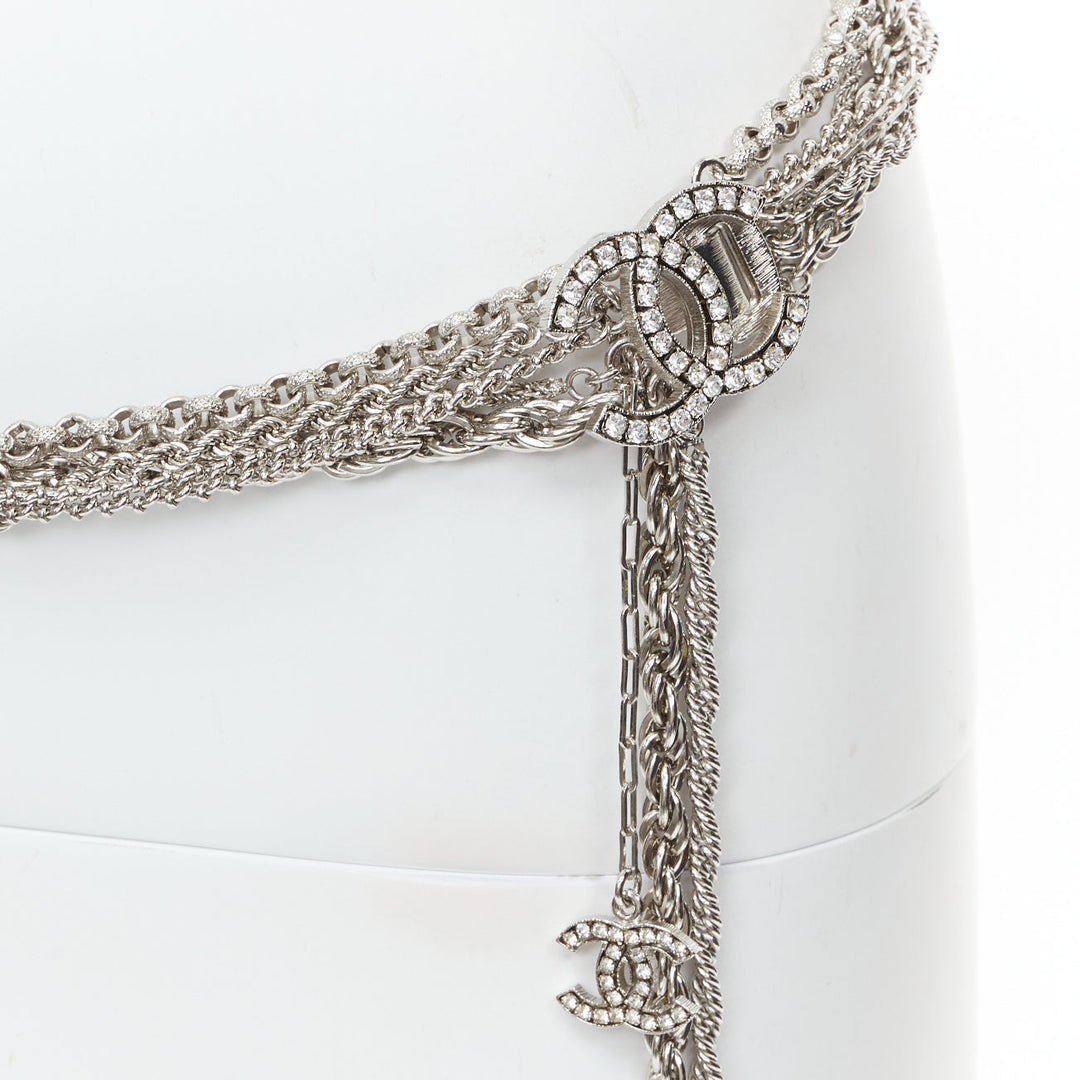 rare CHANEL 08A silver tone crystal CC logo layered multi chain charm belt