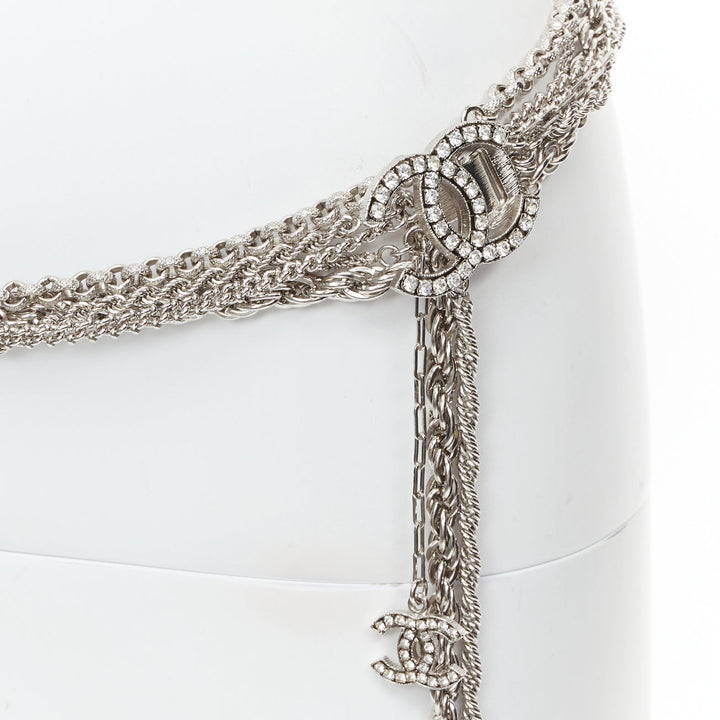 rare CHANEL 08A silver tone crystal CC logo layered multi chain charm belt