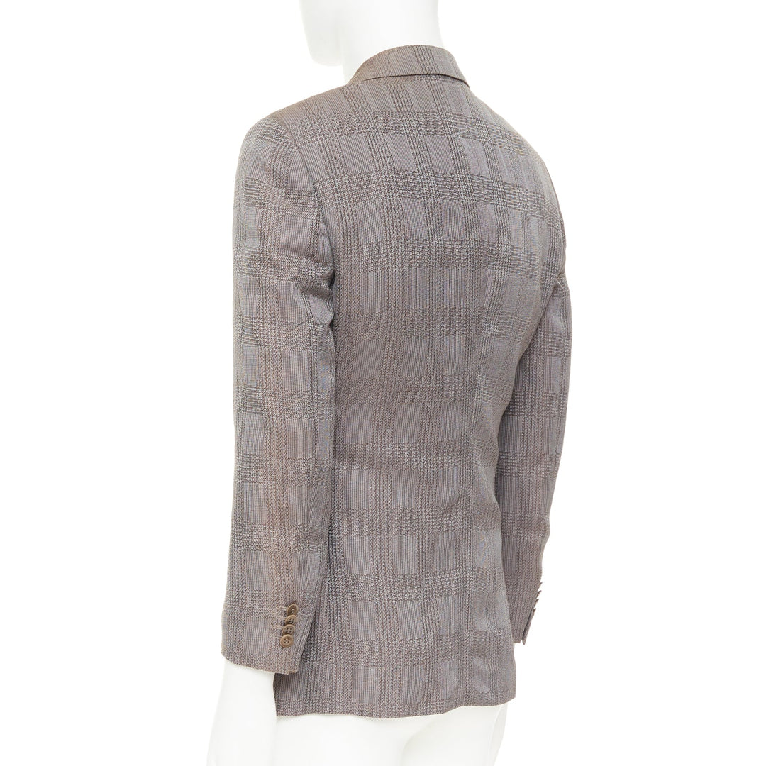 GIORGIO ARMANI taupe grey houndstooth plaid notched lapel blazer IT46 S