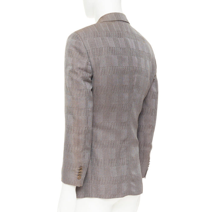 GIORGIO ARMANI taupe grey houndstooth plaid notched lapel blazer IT46 S