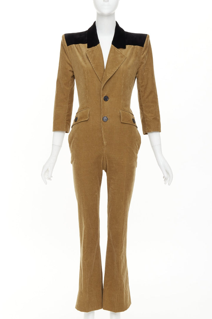 SAINT LAURENT 2022 Runway peak lapel brown cotton corduroy black jumpsuit FR34