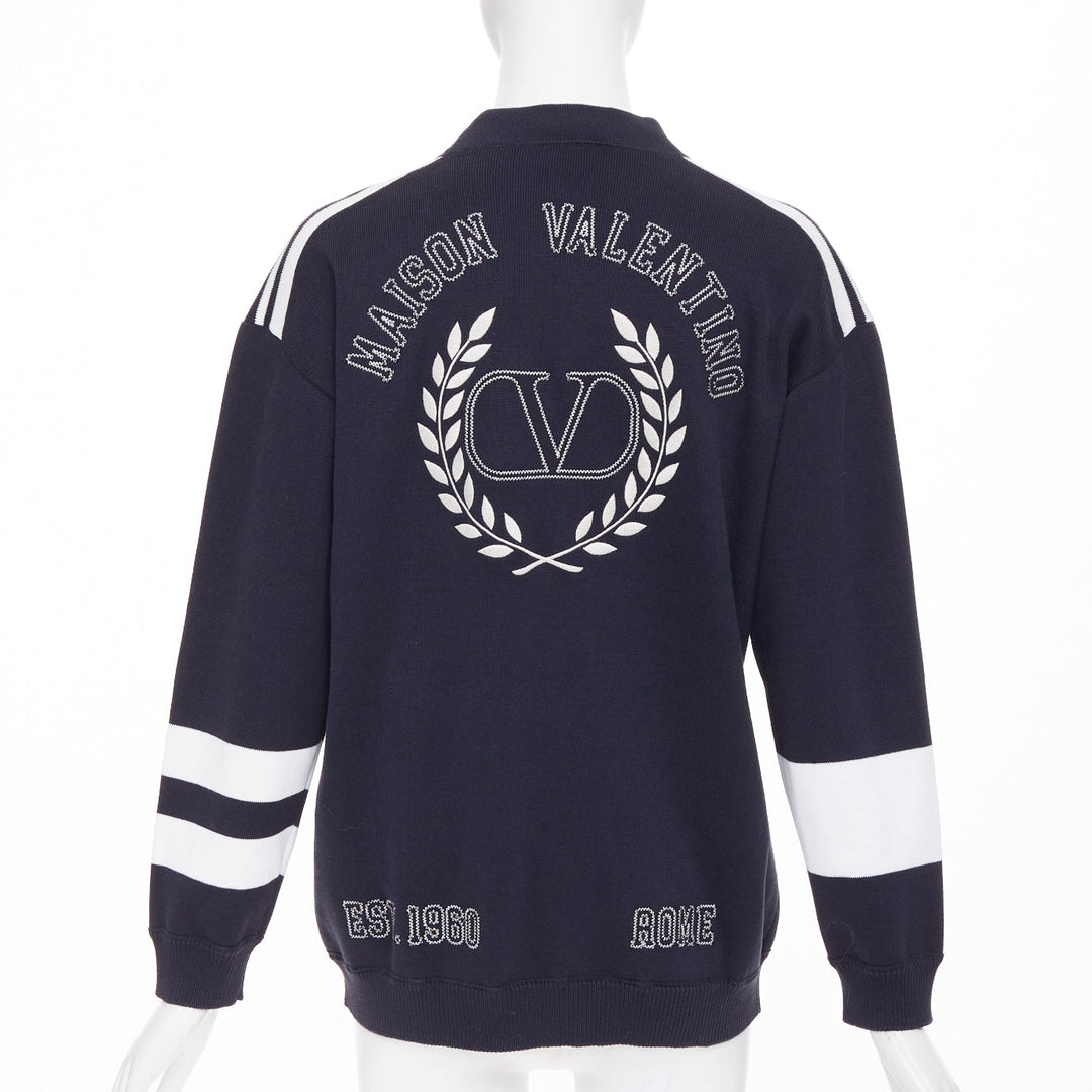 VALENTINO 2022 Vlogo Crest Laurel Crest navy white embroidery varsity cardigan S