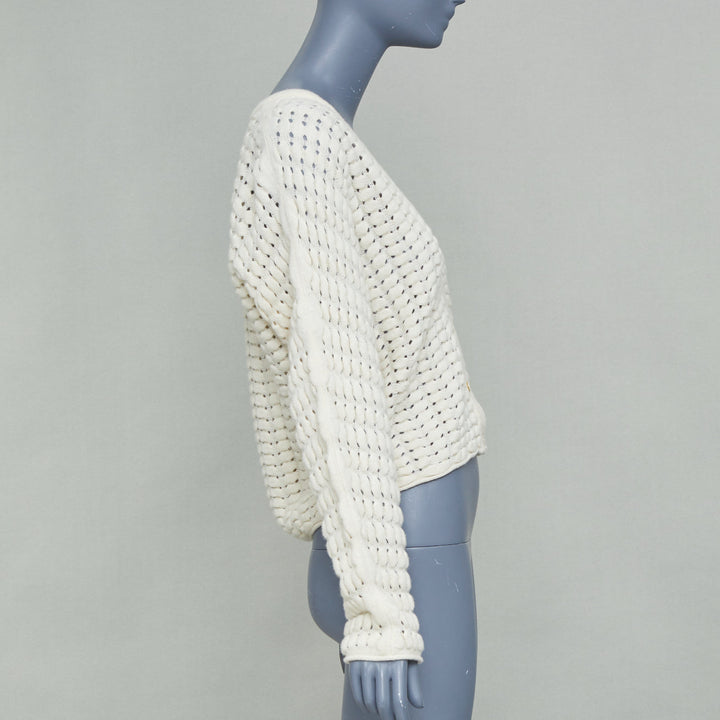 THEORY cream white wool cashmere open knit cable cropped knit cardigan S