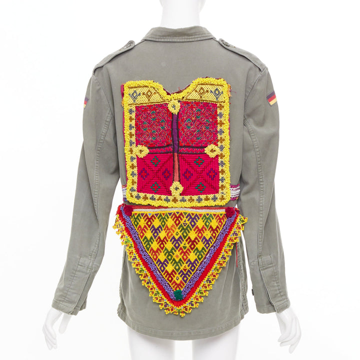 CAMILLA ZILLI embellished back repurposed khaki cotton canvas utility jacket M