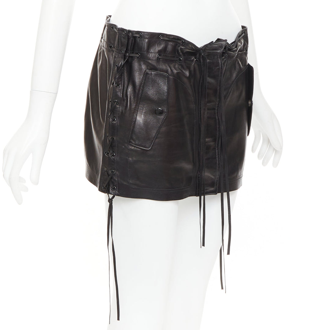 SAINT LAURENT 2018 black lambskin leather drawstring waist mini skirt FR36 S