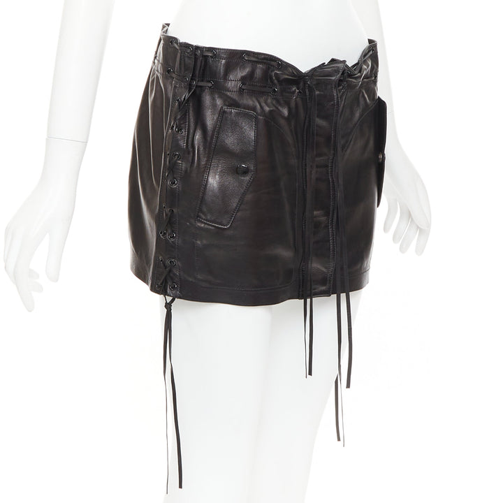 SAINT LAURENT 2018 black lambskin leather drawstring waist mini skirt FR36 S