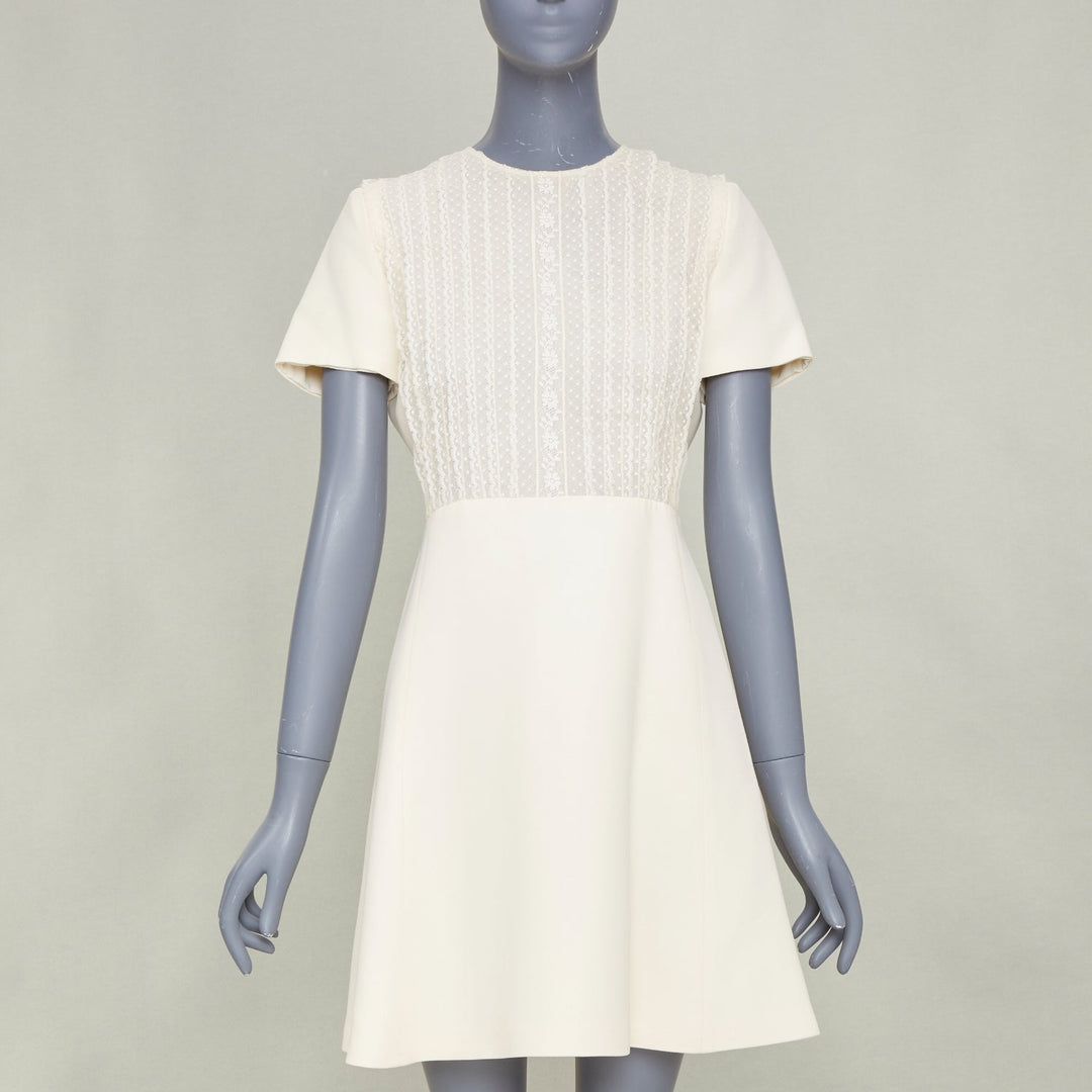 DIOR Bridal ivory wool silk crepe lace bib cocktail dress FR38 M