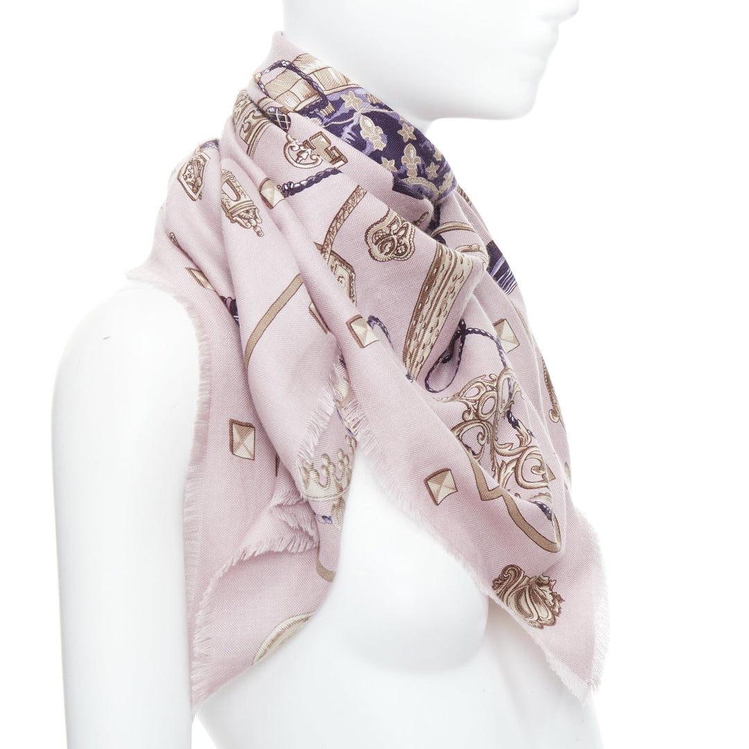 HERMES lilac cashmere silk keys tassels print fray edge scarf