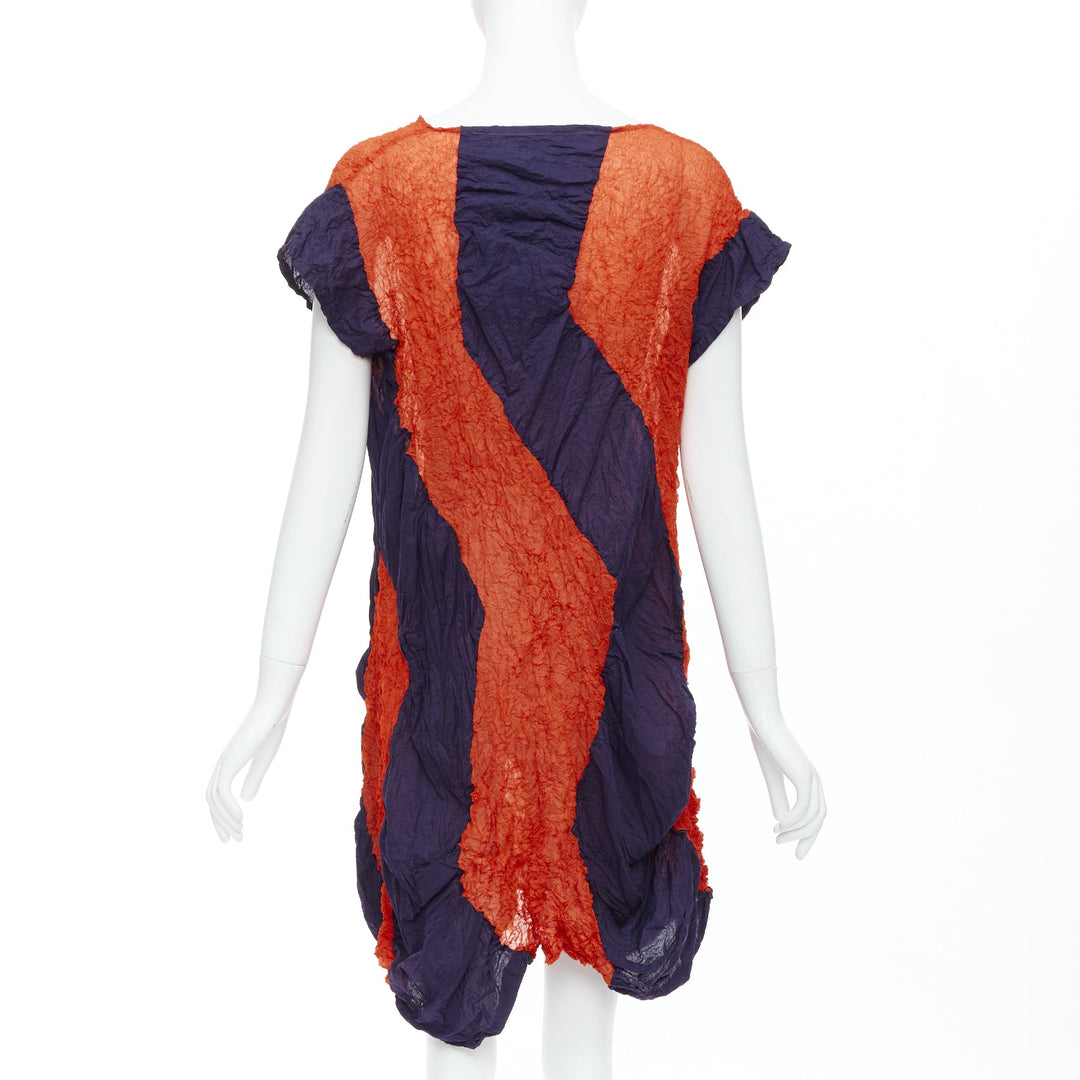 ISSEY MIYAKE orange navy graphic crinkled asymmetric short sleeve dress JP2 M