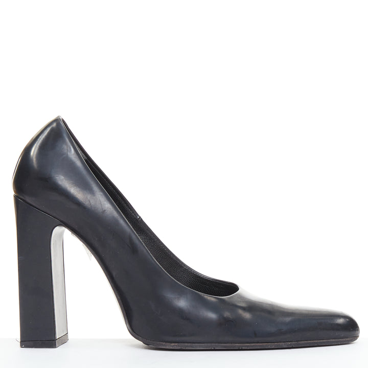 BALENCIAGA black calfskin leather elongated toe box block heel pump EU37