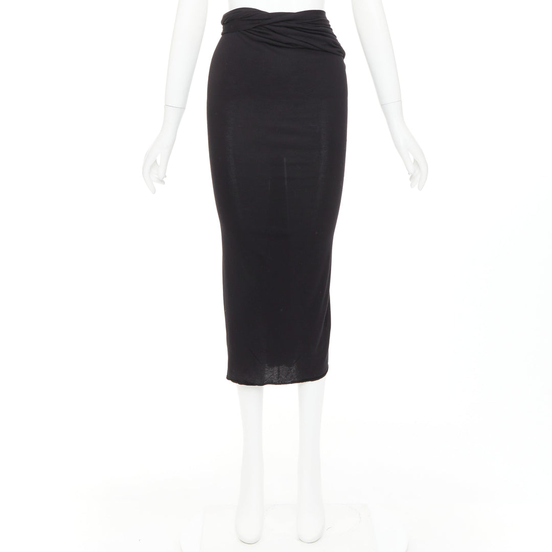 GIVENCHY black twist draped waist jersey high pencil midi skirt XS
