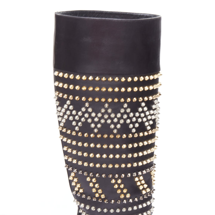 CHRISTIAN LOUBOUTIN Rom Chic black leather two tone studded long boots EU37