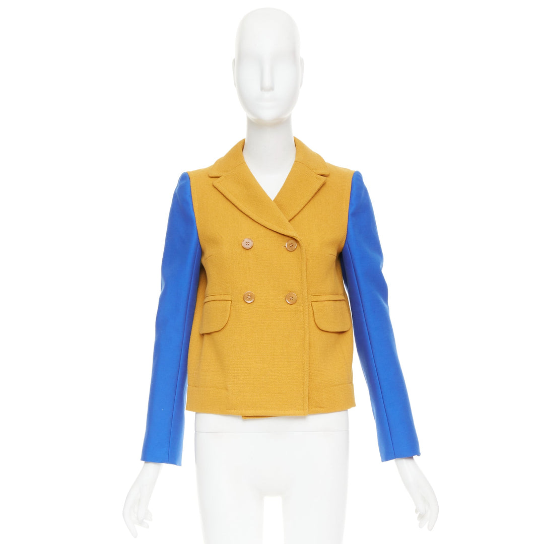 CARVEN 2013 yellow wool blue long sleeve pocketed double breasted jacket FR36 S