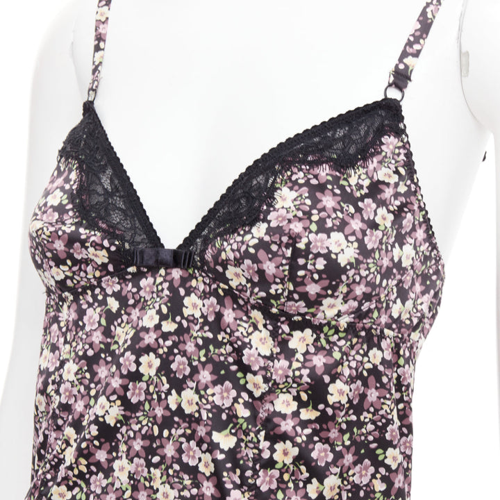 D&G DOLCE GABBANA Vintage pink green floral black bow lace trim slip dress M