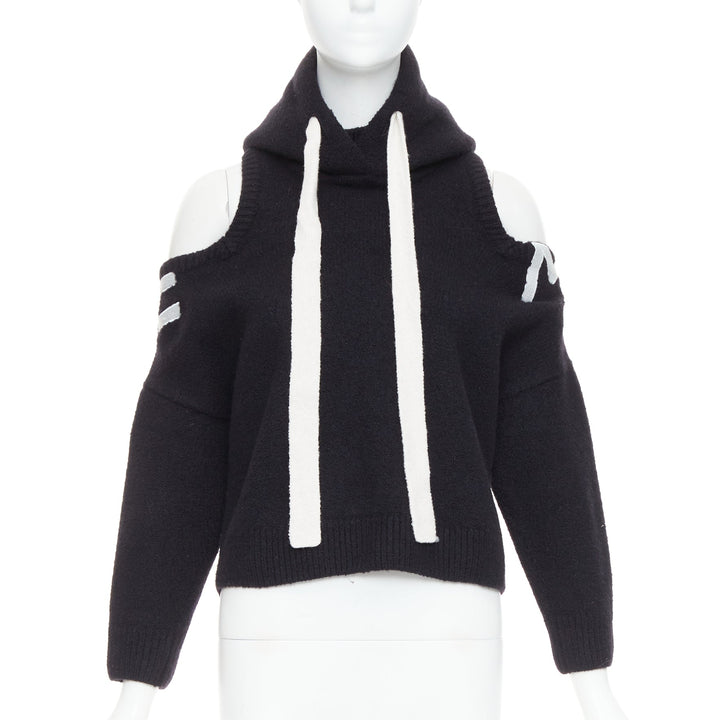 MONSE 2021 black extrafine merino wool grey logo cut out deconstructed hoodie S