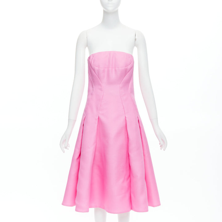 J MENDEL hot pink silk wool darted strapless fit flare knee dress US4 S