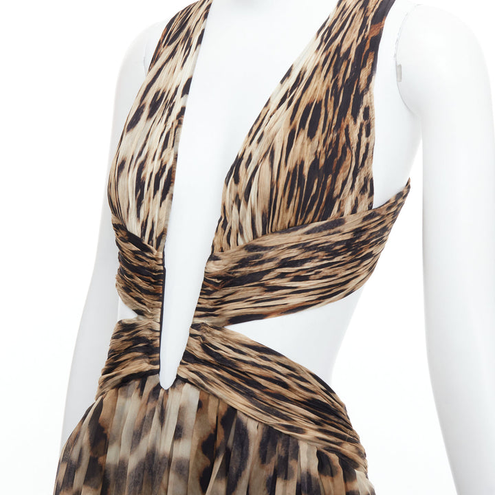 ROBERTO CAVALLI 2014 Runway brown leopard 100% silk cut out gown IT40 S